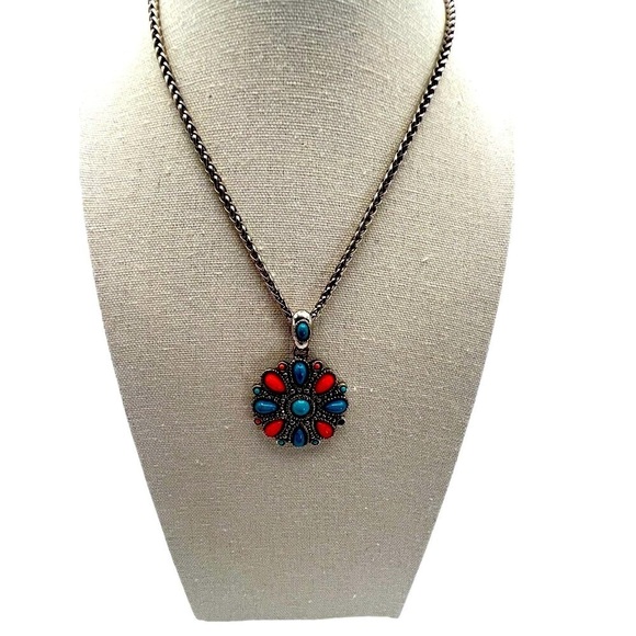 Vintage Southwest Faux Turquoise & Coral Pendant Necklace Silver Tone Chain - Picture 3 of 6